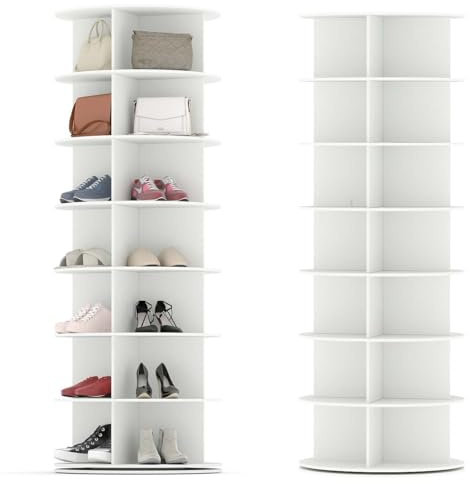 Songvas Drehbarer Schuhschrank, 7-Stöckig, 360° Drehbar, Großer Runder Schuhschrank aus Holz für bis zu 28 Paar Schuhe, aufrechter Handtaschenständer, Weiß, 160 x 59 cm, MDF-Material