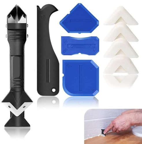 9 Stück Silikonentferner Werkzeug, 5 in 1 Fugenkratzer mit 4 Stück Fugenglätter und 4 Stück Silikonpads, Silikonfugenentferner Set ​für Küche Bad Boden Spüle Fenster Abdichtung
