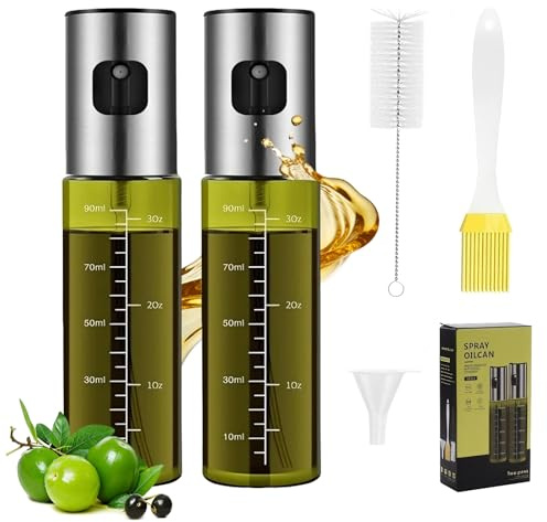 Öl sprühflasche, 2 Stück UV-Schutz Sprühflasche Öl, 100ML | Oil Sprayer mit Skala & Trichter, Ölsprüher für Speiseöl für Heißluftfritteuse, Salat, Grillen, Backen in der Küche