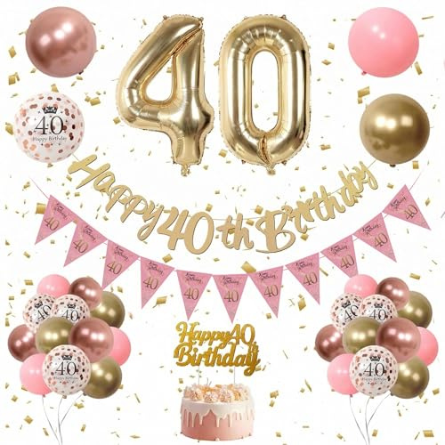 Kradeler 40th Birthday Decorations Women ,Gold Birthday Banner, Retro Pink Gold Latex Balloons Party Decorations Confetti Balloons for Women