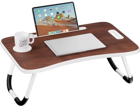Foldable Laptop Table, Laptop Bed Tray Table for Bed, Sofa, Dinner Bed Portable Bed Tray with Sturdy Portable Cup Holder for Eating, Writing, Working, Brown