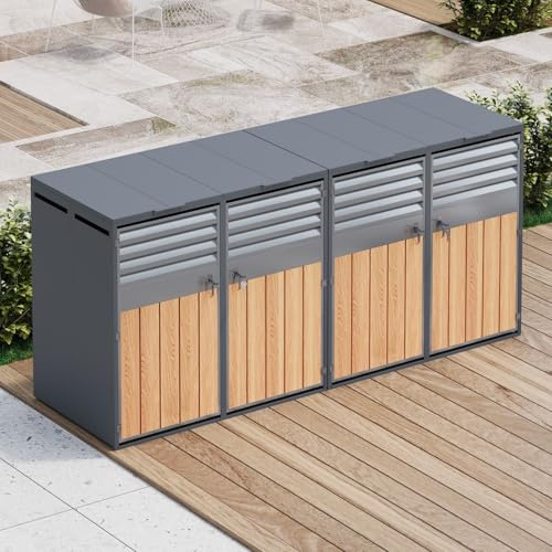 KOMHTOM 240L Cache Poubelle Extérieur Double 2 Bacs, Abri à Poubelle Extérieur avec Couvercle Haut et Porte Avant, Ventilation, Acier Robuste, Design Bois (2, Gris-4)