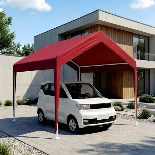 MBBTAG Abri de Voiture Tente Garage Extérieur en Métal Structure Robuste, Carport Toile Oxford Imperméable Anti UV pour Stockage Bateau Moto Stockage(Rouge,3x3m)