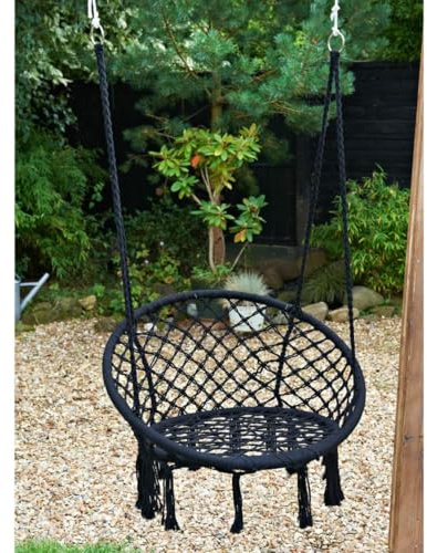 AJ Swing Chair with Round Seat Cushion, Macrame Hammock Hanging Chair for Indoor, Outdoor, Black, One Size 110 CM