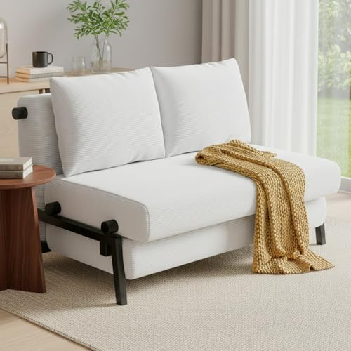 Faltbares 2 Sitzer Schlafsofa mit Kissen, 2-in-1 Cordstoff Schlafcouch | Umwandelbarer 2 Sitzer Sofa mit Schlaffunktion, Metallrahmen, Bequeme Gästebett für Wohnzimmer Schlafzimmer Balkon