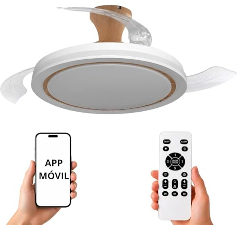 NARVI Ventilador de Techo Blanco y Madera Haya Ø107 cm con Luz LED Regulable, Motor DC Silencioso de Bajo Consumo, Lámpara Ventilador con Mando, 3 Aspas Retráctiles, CRETA 8938 WDN
