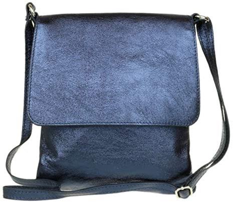 Girly Handbags Womens Genuine Soft Leather Italian Cross Body Messenger Bag Vera Plelle Shoulder Bag Flap Zipper (Metallic Navy)