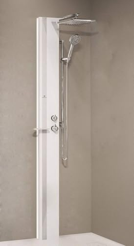 Colonna Doccia Novellini Line 1 Standard Senza Sedile Attrezzata Miscelatore Meccanico Colore Bianco Opaco Fascia Mensola Silver Soffione Ripiano Porta Oggetti Doccetta Misura 22x57,5xH215 cm
