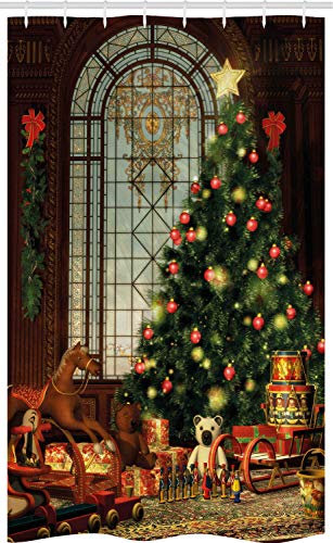ABAKUHAUS Weihnachten Schmaler Duschvorhang, Weihnachtsbaum, Badezimmer Deko Set aus Stoff mit Haken, 120 x 180 cm, Braun Grün Rot