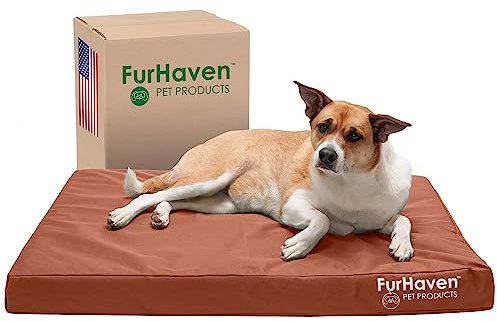 FurHaven Water-Resistant Cooling Gel Dog Bed for Large/Medium Dogs w/Removable Washable Cover, For Dogs Up to 55 lbs - Indoor/Outdoor Logo Print Oxford Polycanvas Mattress - Chestnut, Large