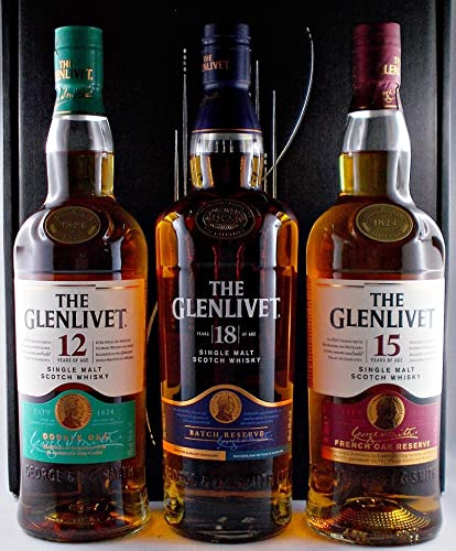Glenlivet 3 Flaschen je 0,7L The Glenlivet 12 Jahre 15 Jahre 18 Jahre scotch Single Malt Whisky im Geschenk Karton Männergeschenke Genießer Set