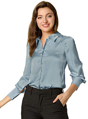 Allegra K Damen-Bluse aus Satin, Puffärmel, spitzer Kragen, elegant, Vintage-Stil, Knopfleiste, dusty blue, Groß
