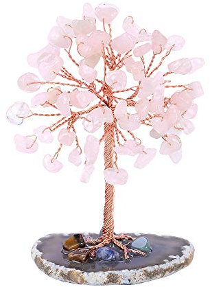 Jovivi Mini Albero della Vita Soprammobile in Cristallo FengShui Decorazione Portafortuna Albero di Cristallo Ornamneto Pietra Regalo-Quarzo Rosa
