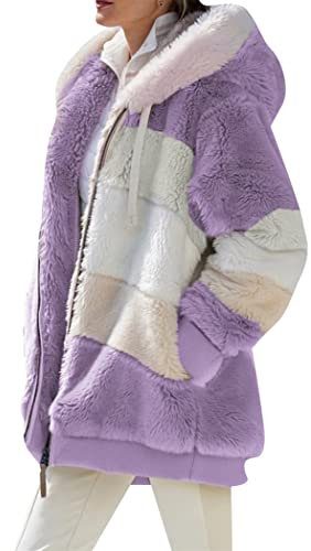 OMZIN Giacca Da Donna In Pile Con Cappuccio Cardigan Sherlock a Manica Lunga Con Zip Intera e Tasche Viola 5XL
