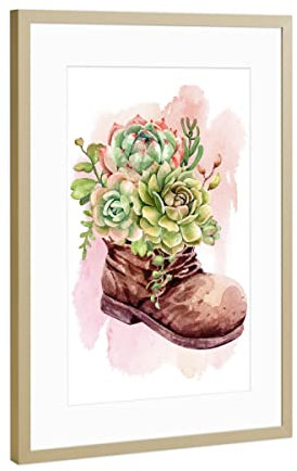 artboxONE Poster mit Rahmen Gold 45x30 cm Kaktus Sukkulente im Schuh von Printed Artings - gerahmtes Poster