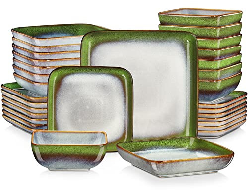 vancasso Stern Series, Juego de Platos de 32 Piezas Gres, Platos Rectangulares con Platos Llanos, Platos Hondos,Tazones, Platos de Postre para 8 Personas, Estilo Vintage