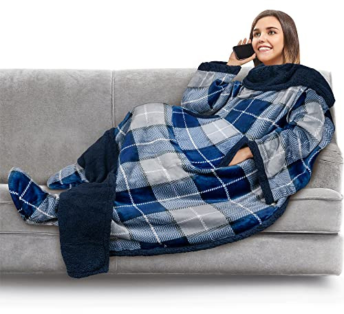 PAVILIA Fleecedecke mit Ärmeln, Fußtaschen für Damen, Herren, Erwachsene, Plüschdecke, Überwurf, warme Decke, gemütliches Geschenk