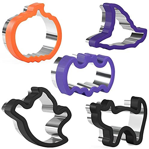 Lot de 5 emporte-pièces d'Halloween en acier inoxydable avec prise en main confortable, pour pâtisserie, citrouille, chauve-souris, fantôme, chat, magicien