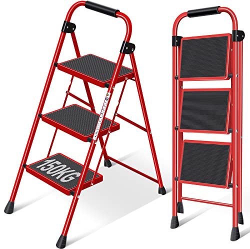 KINGRACK 3 Stufen Leiter, Trittleiter mit Handläufen, Stufenleiter, Klappleiter Tritthocker, Klapptritthocker für Erwachsene mit Griff, Haushaltsleiter Anti-Rutsch-stabilem und breitem Pedal, rot