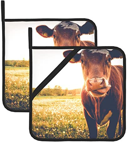 Topflappen mit Kuh auf Wiese bedruckt, 2 Stück, hitzebeständig, Topflappen, rutschfest, für Kochen, Backen, Grillen