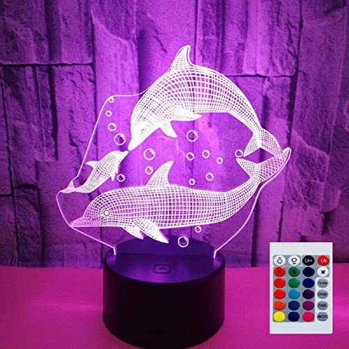SUPERHONGJIHAO Delphin geführte 3D Nachtlicht Kinder Nachttischlampe 16 Farben ändern mit Fernbedienung für Kind