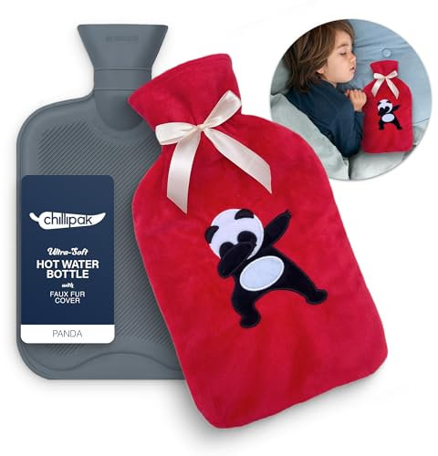 CHILLIPAK Fluffy Hot Water Bottle with Cover UK - Large 2L Reusable Hot Water Bag for Pain Relief Back Neck Shoulder Belly with Soft Sherpa Cover Cute Embroidery - Multipurpose Hot Cold Compress