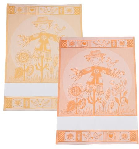 Filet - Set di 2 Canovacci in Jacquard con Inserto in Tela Aida da Ricamare, Made in Italy, Disegno Spaventapasseri, Colore Arancione e Giallo