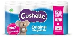 Cushelle Original Toilet Roll, 16 Longer Lasting Rolls, 16 Equals 24 Regular Rolls, White Bulk Toilet Paper