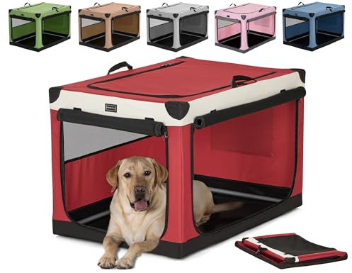 Petsfit Hundebox faltbar, Hundebox für zuhause Verstellbarer Stoffbezug mit Spiraleisenrohr, Hundebox Stoff Große Hunde mit 3 Tür-Design, Einfach zu Transportieren, Leicht zu Verstauen, L, Rot