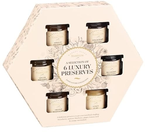 Hampton's Jam Set of 6 Preserves Gift Box Selection Containing Different Flavors Resealable Assorted Mini Jars