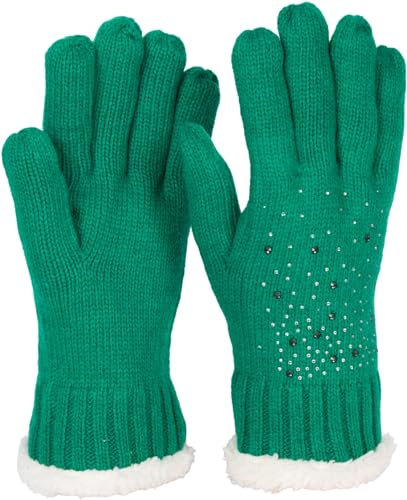 styleBREAKER Damen Handschuhe mit Strass und Fleece, warme Thermo Glitzer Strickhandschuhe, Fingerhandschuhe, Winter 09010010, Farbe:Grün