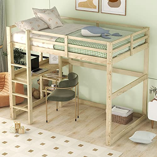 Juabett Hochbett 140x200cm, Kiefernholz Jugendbett mit Sicherheitsleiter & Treppe, Einzelbett mit Stauraum & Schreibtischplatte, Holz Kinderbett Natur (Ohne Matratze)