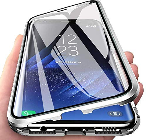 Fiokxie Funda para Vivo V29, Carcasa Magnética Adsorción Casa Metal Bumper Cubierta Estuche 360 Grados Funda Protectora integrada Cubierta de Transparente Vidrio Templado Caja Cover,Plata