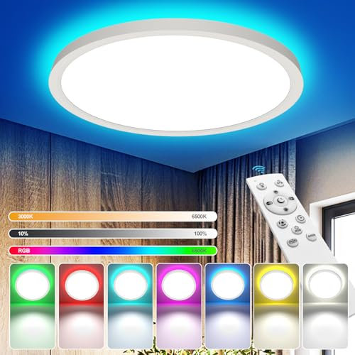 YiLaie Plafoniera LED Soffitto Moderna,24W 2700LM RGB rotonda lampadario soggiorno,Dimmerabile Con Telecomando 3000-6500K Lampadario LED,Per Soggiorno Camera letto Cucina Bagno,lP44,Ø30cm