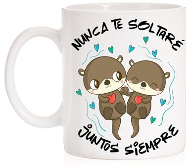 FUNNY CUP Taza San Valentín de amor de nutrias. Nunca te soltaré, siempre juntos. Caja antirotura sonrie es para ti. Dia de los enamorados