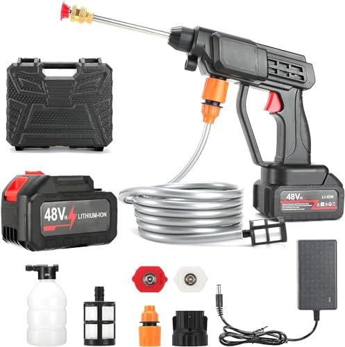 Nettoyeur Haute Pression, Max 90 Bar Nettoyeur Haute Pression sans Fil Portable avec 5m Tuyau et Accessoires, 10 Voitures Peuvent Être Lavées sur Une Seule Charge, Idéal pour Voitures Maison Jardin