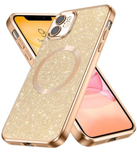 GaoBao iPhone 11 Case, MagSafe Compatible, Glitter Gold, Luxury Shockproof Anti-Slip Women's Bling Phone Cover, 6.1 Gold Glitter