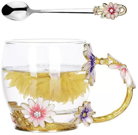 Senshuomy Enamel Coffee Mug with Spoon - Glass Flower Tea Cup Birthday Present for Women, Mom, Teacher, Friends