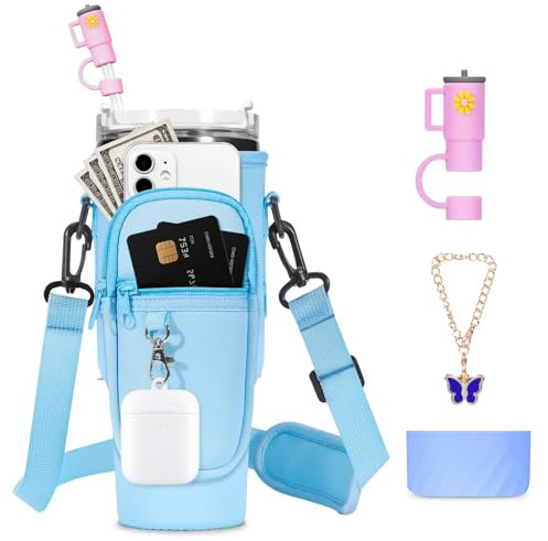 Water Bottle Carrier Bag with Silicone Water Bottle Boot & Charm Accessories & Straw Cover, Adjustable Water Bottle Holder for Stanley 40 oz with Phone Pocket Stanley Cup Accessories