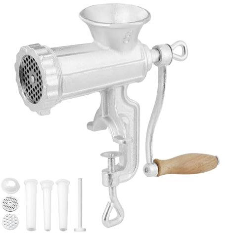XINGLUOY Heavy Duty Cast Iron Manual Meat Grinder with Steel Table Clamp - Perfect for Grinding Beef, Pepper, and Mushroom - Includes 1 Cutting Blade, 2 Cutting Plates, and 3 Sausage Tubes