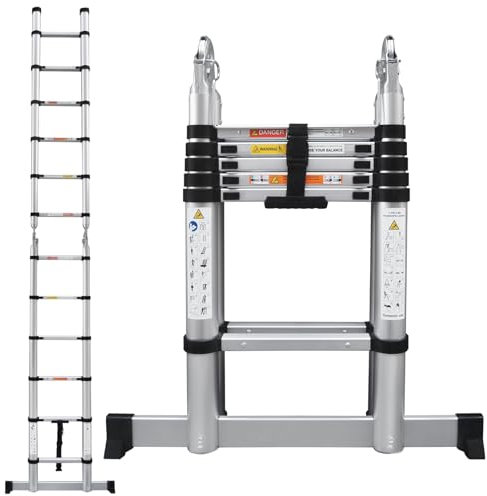 Aluminium Telescopic Folding Loft Ladder, 3.8M Multi Purpose A Frame with Stabiliser, 6+6 Steps Foldable Extension Ladder for Attic, Roof, Home