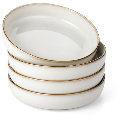E-far Pasta Bowls Set of 4, 35oz Large Salad Bowls for Serving, Wide and Shallow Ceramic Plates for Kitchen, Double Reactive Glaze, Microwave and Dishwasher Safe, Seashell White