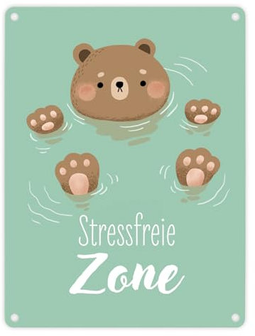 Bär im Wasser Metallschild in 15x20 cm mit Spruch Stressfreie Zone Chillen und Pause Anti-Stress Schild für Entspannung Erholung und Urlaub im stressfreien Bereich