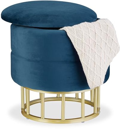 Relaxdays Samthocker mit Stauraum, runder Sitzhocker, gepolstert, Wohnzimmer, H x D: 40 x 40 cm, Hocker Samt, blau/Gold