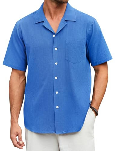 Enlision Mens Short Sleeve Linen Shirts Blue Casual Lightweight Summer Beach Button Down Shirt for Men with Pocket Regular Fit 4XL