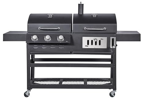 BBQ Kingdom 6+1 Burner Gas BBQ Grill with Side Burner, Black and Silver Large Outdoor Barbecue with Storage Cabinet, Warming Rack, Removeable Grease Tray, Cover, Thermometer, Adapter and Hose