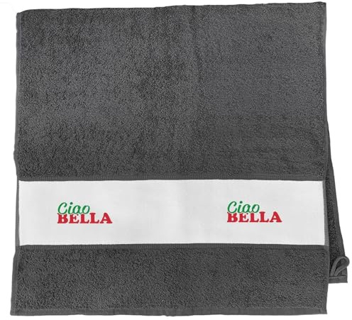 Huuraa Handtuch Ciao Bella Italien Geschenk | 50x100cm Graphite Baumwolle Handtuch Geschenkidee Graues Gästehandtuch mit Motiv Gästetuch Weich und Saugstark