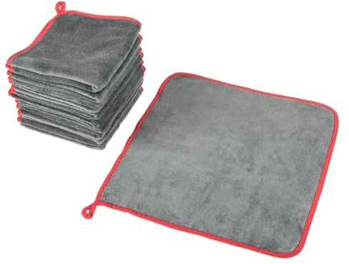 LST Mikrofasertücher (10er Pack) 40 x 40 cm Waschtuch 600 GSM, Premium Poliertücher mit Schlaufe zum Aufhängen, Reinigung Autopflege, KFZ & Haushalt, Grau/Rot Set