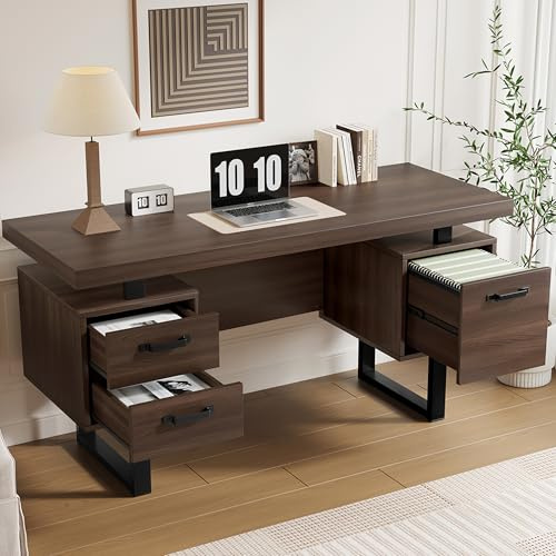 ModernLuxe Büroschreibtisch aus MDF mit Stahlrohr 135 x 54 cm – Geräumige Schreibtischplatte, Geräuschlose Schubladen und Ordnerschublade, Braunes Design für effiziente Büroaufbewahrung