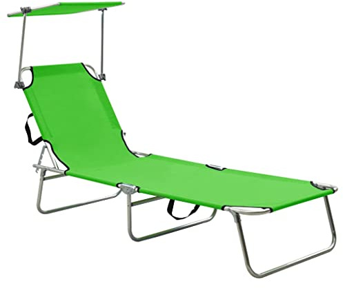 HaoChrymec Klappliege mit Sonnendach Grün, Pulverbeschichtetes Aluminiumgestell, Verstellbare Rückenlehne, Faltbar für Einfachen Transport, Outdoor Liege für Garten und Terrasse, 187 x 57.5 x 27 cm